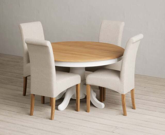 Hertford 120cm Fixed Top Oak and Signal White Painted Dining Table with 4 Natural Scroll Back Chairs