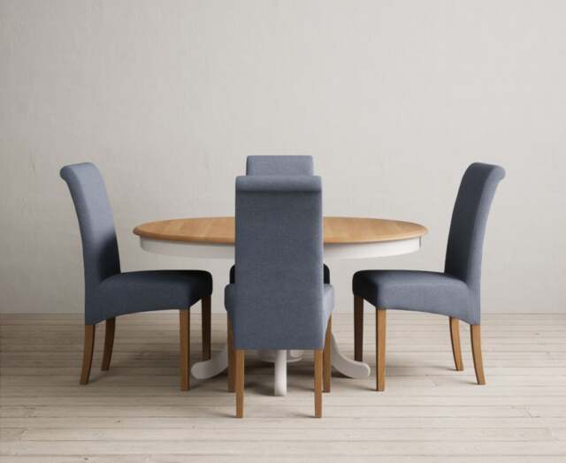 Extending Hertford 100cm - 130cm Oak and Soft White Painted Pedestal Dining Table with 4 Blue Scroll Back Chairs