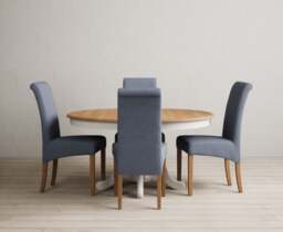 Extending Hertford 100cm - 130cm Oak and Soft White Painted Pedestal Dining Table with 4 Blue Scroll Back Chairs