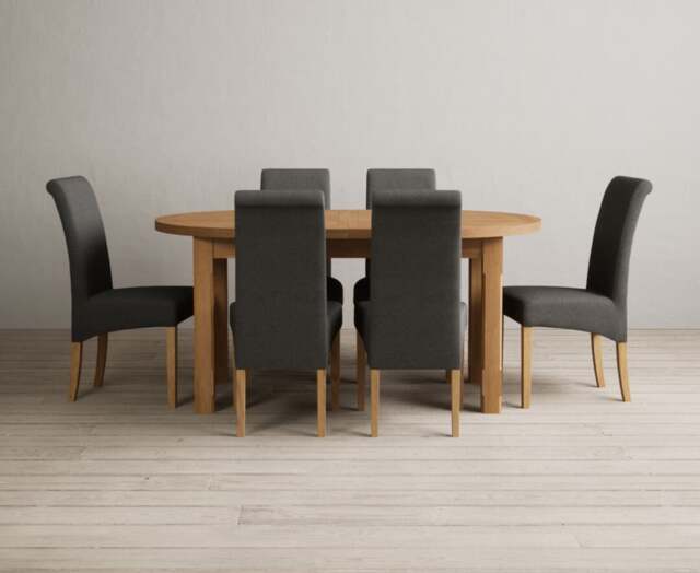 Extending Caversham Oak Oval Dining Table with 6 Charcoal Grey Scroll Back Chairs
