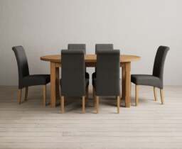 Extending Caversham Oak Oval Dining Table with 6 Charcoal Grey Scroll Back Chairs