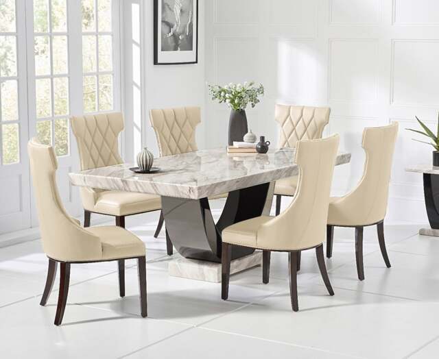 Novara 170cm Cream and Black Pedestal Marble Dining Table with 4 Cream Sophia Chairs