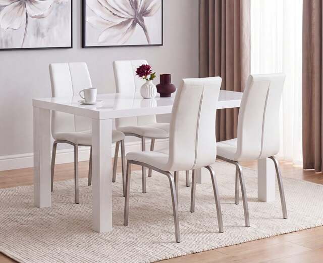 Seattle 160cm White High Gloss Dining Table with 4 White Marco Chairs