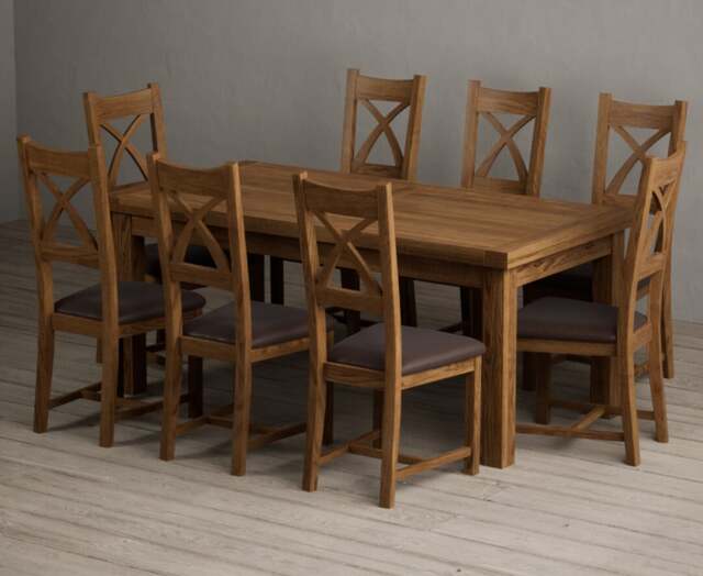 Extending Buxton 180cm Rustic Solid Oak Dining Table with 8 Brown Rustic Solid Oak Chairs