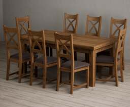 Extending Buxton 180cm Rustic Solid Oak Dining Table with 8 Brown Rustic Solid Oak Chairs