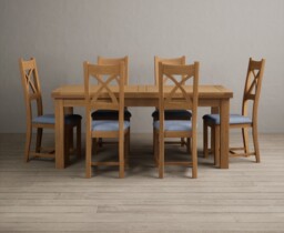 Extending Buxton 140cm Solid Oak Dining Table with 6 Linen Natural Solid Oak Chairs