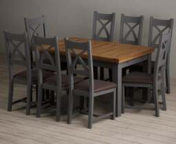 Extending Buxton 140cm Oak and Charcoal Grey Dining Table with 8 Brown Painted Chairs