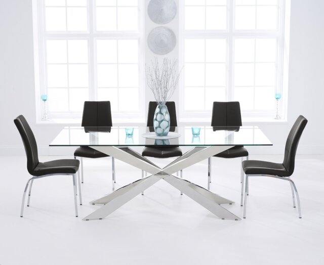 Canova 200cm Glass Dining Table with 6 Black Marco Chairs