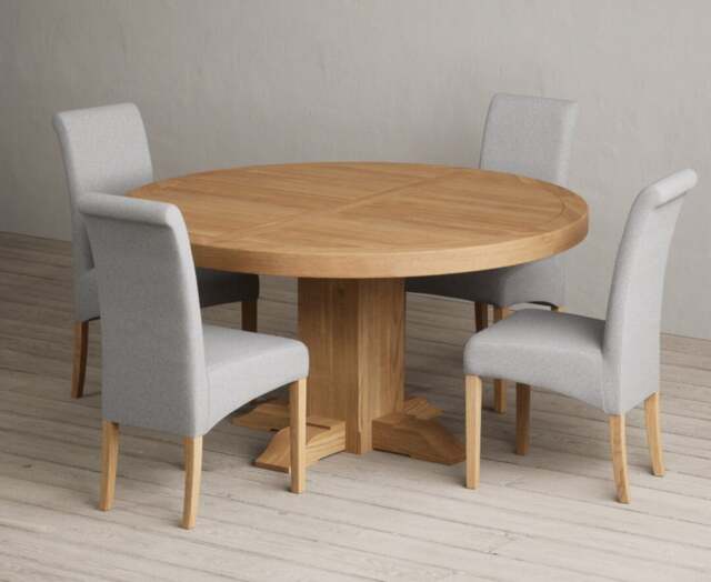 Helmsley 150cm Solid Oak Round Pedestal Dining Table with 4 Grey Scroll Back Chairs