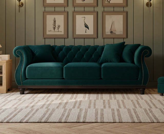 Harrow Chesterfield Green Velvet 3 Seater Sofa