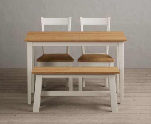 Kendal 115cm Solid Oak and Cream Painted Dining Table with 2 Brown Kendal Chairs and 2 Cream Benches