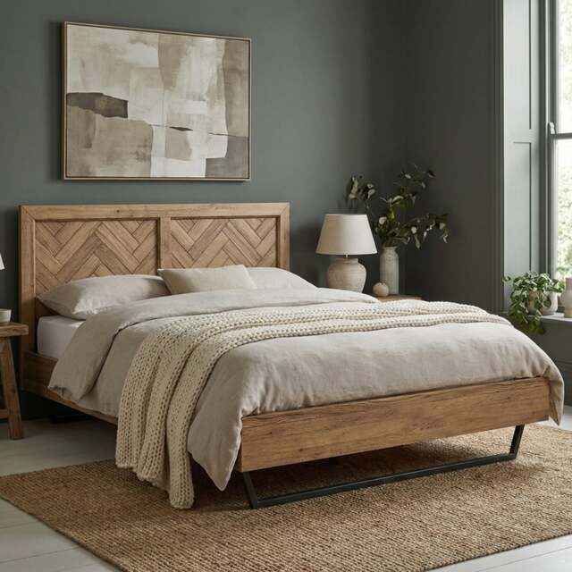Herringbone Solid Oak King Size Bed