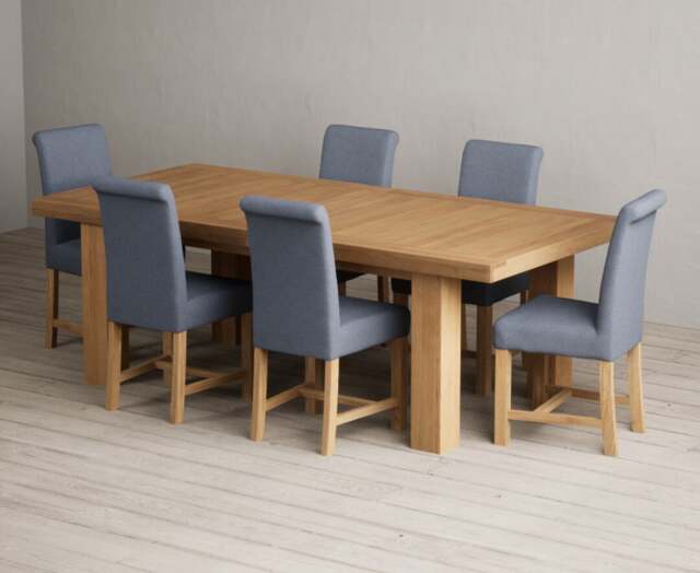 Extending Callington 230cm Oak Dining Table with 6 Blue Braced Chairs