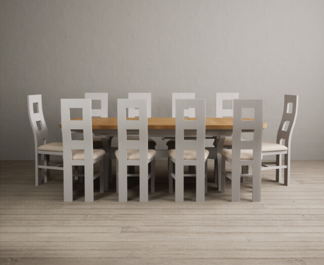 Extending Olympia 180cm Oak and Soft White Painted Dining Table with 10 Linen Painted Chairs