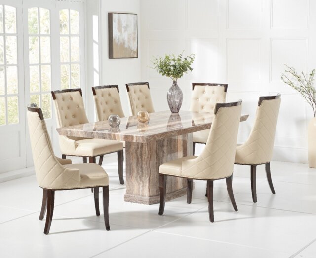 Carvelle 160cm Brown Pedestal Marble Dining Table with 4 Grey Francesca Chairs