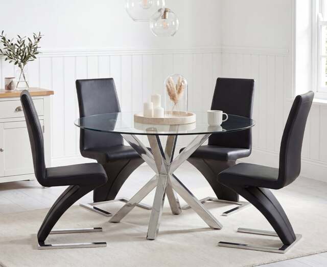 Rodin Round Glass Dining Table with 4 Black Aldo Chairs