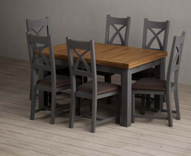 Extending Buxton 140cm Oak and Charcoal Grey Dining Table with 6 Brown Painted Chairs