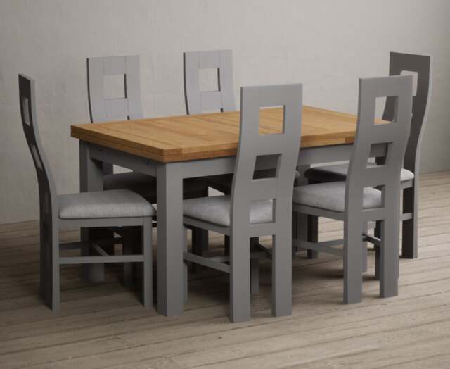 Extending Buxton 140cm Oak and Light Grey Painted Dining Table with 8 Charcoal Grey Painted Chairs