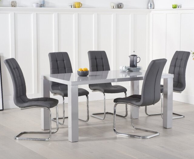 Seattle 160cm Light Grey High Gloss Dining Table with 4 Grey Vigo Chairs