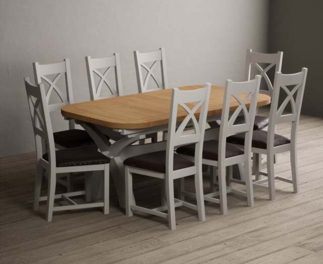 Extending Olympia 180cm Oak and Soft White Painted Dining Table with 8 Brown Painted Chairs
