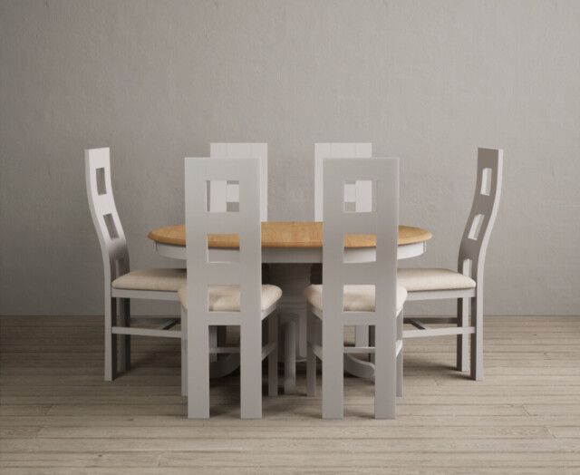 Extending Hertford 100cm - 130cm Oak and Soft White Painted Pedestal Dining Table with 6 Linen Painted Chairs