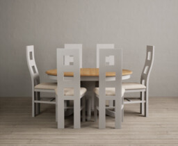 Extending Hertford 100cm - 130cm Oak and Soft White Painted Pedestal Dining Table with 6 Linen Painted Chairs