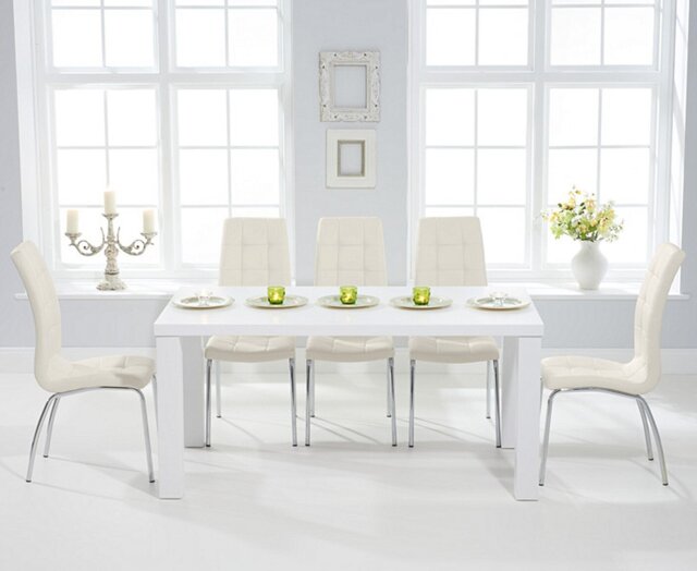Seattle 160cm White High Gloss Dining Table with 4 Cream Enzo Chairs
