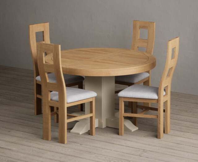 Extending Helmsley Oak and Cream Painted Pedestal Dining Table with 8 Oak Natural Chairs