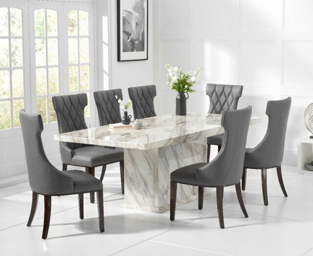 Marino 180cm Marble Dining Table with 6 Grey Sophia Chairs