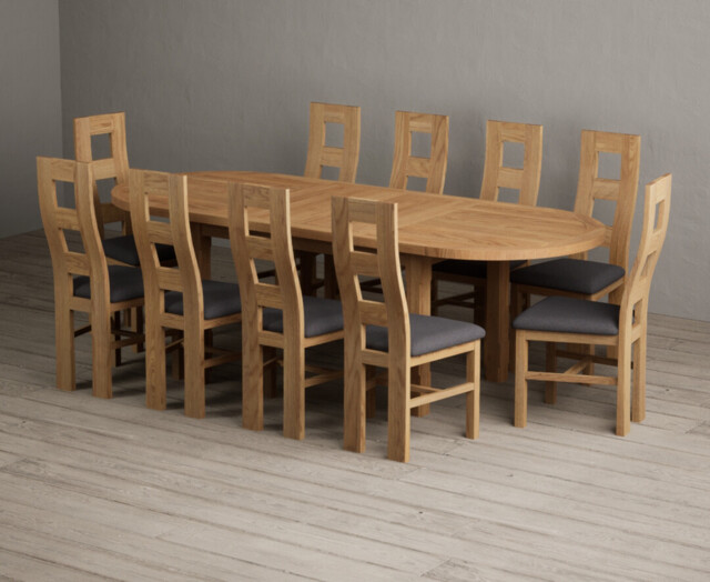 Extending Caversham Oak Oval Dining Table with 10 Charcoal Grey Natural Chairs