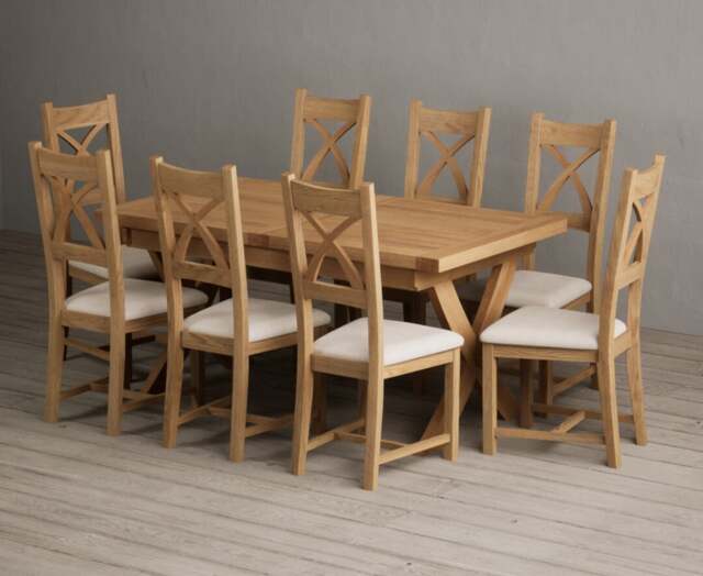 Extending Buckley 160cm Solid Oak Dining Table with 8 Linen Natural Solid Oak Chairs