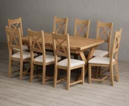 Extending Buckley 160cm Solid Oak Dining Table with 8 Linen Natural Solid Oak Chairs
