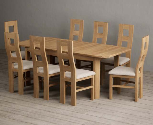 Extending Somerton 160cm Solid Oak Dining Table with 8 Linen Natural Chairs