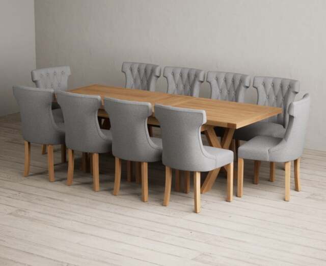 Extending Buckley 200cm Solid Oak Dining Table with 10 Grey Clara Chairs