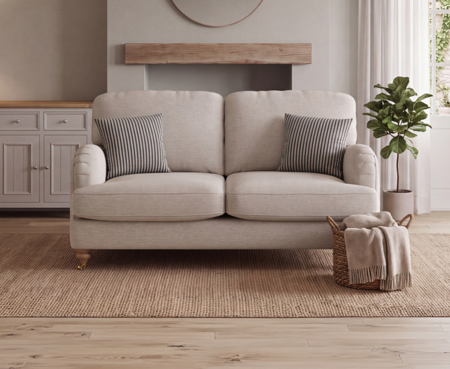 Chilworth Natural Fabric 2 Seater Sofa with Navy Cushions