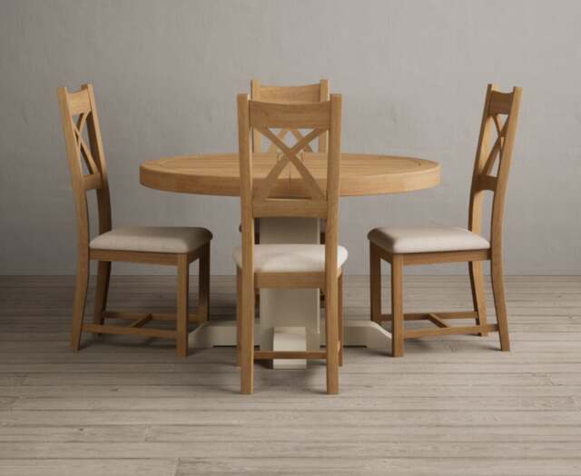 Extending Helmsley Oak and Cream Painted Pedestal Dining Table with 4 Linen Natural Solid Oak Chairs
