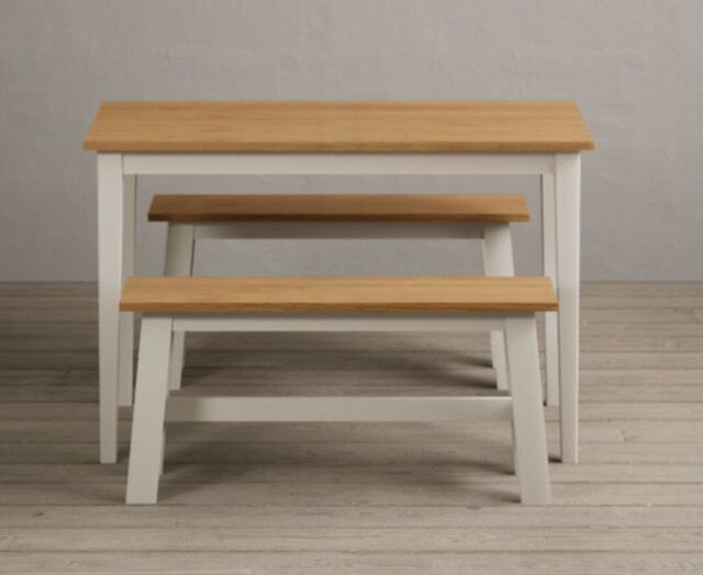 Kendal 115cm Solid Oak and Cream Painted Dining Table and 2 Cream Benches