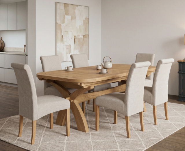 Extending Olympia 180cm Solid Oak Dining Table with 6 Natural Scroll Back Chairs