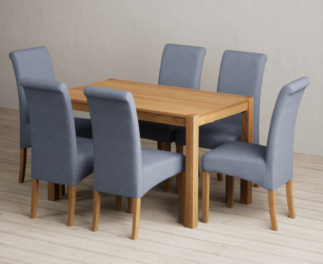 York 120cm Solid Oak Dining Table with 6 Blue Scroll Back Chairs