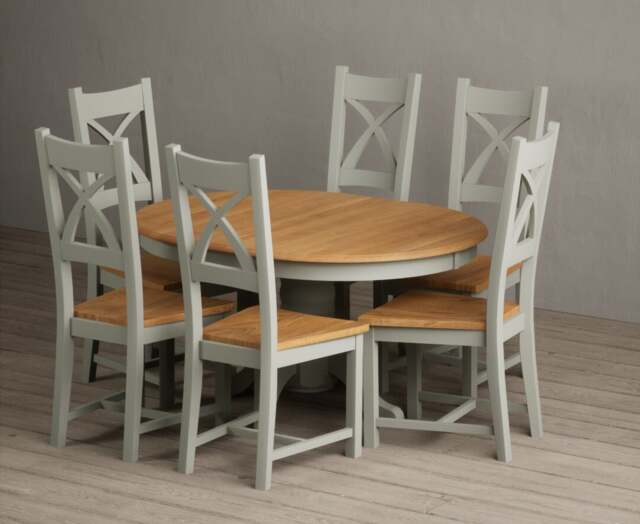 Extending Hertford 100cm - 130cm Oak and Soft Green Painted Pedestal Dining Table with 4 Oak Painted Chairs