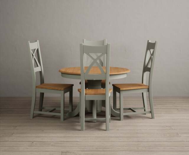 Extending Hertford 100cm - 130cm Oak and Soft Green Painted Pedestal Dining Table with 4 Oak Painted Chairs