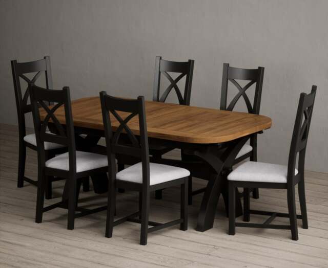 Extending Olympia 180cm Oak and Black Painted Dining Table with 10 Light Grey Painted Chairs