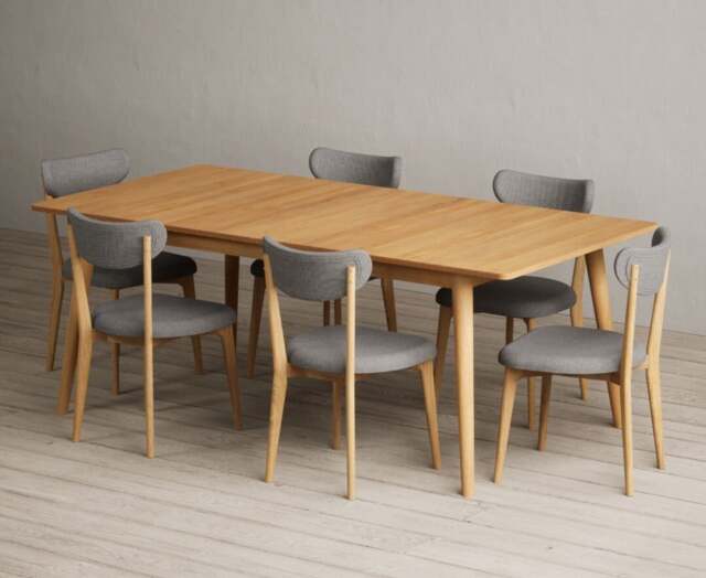 Extending Ruben 200cm Retro Oak Dining Table with 6 Grey Nordic Chairs