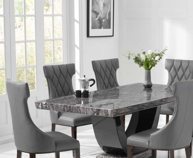 Novara 200cm Dark Grey Pedestal Marble Dining Table with 8 Grey Sophia Chairs