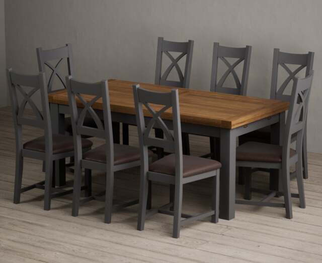 Extending Buxton 180cm Oak and Charcoal Grey Dining Table with 8 Brown Painted Chairs