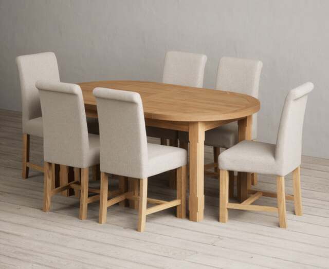 Extending Caversham Oak Oval Dining Table with 6 Natural Braced Chairs