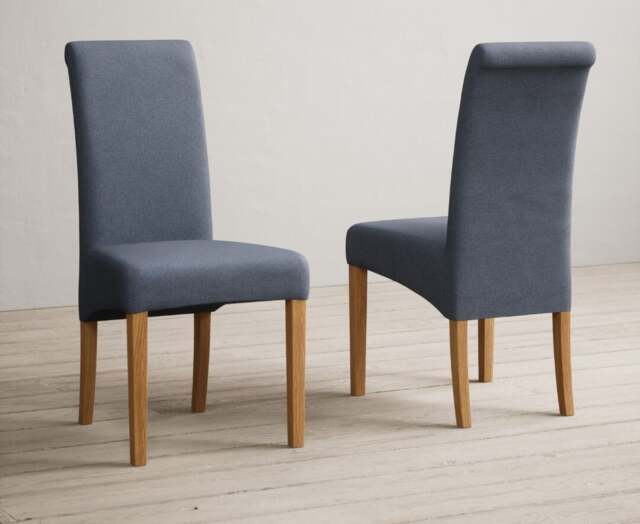 Hertford 120cm Fixed Top Solid Oak Round Pedestal Table with 4 Blue Scroll Back Chairs