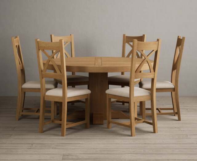 Helmsley 150cm Solid Oak Round Pedestal Dining Table with 6 Linen Natural Solid Oak Chairs