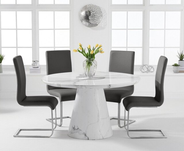 Ravello 130cm Round White Marble Dining Table with 6 Grey Austin Chairs
