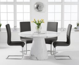 Ravello 130cm Round White Marble Dining Table with 6 Grey Austin Chairs